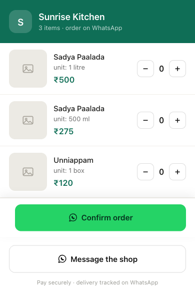 The live storefront: three dishes in rows, each with unit, price and a minus / zero / plus stepper, above a Confirm order button.