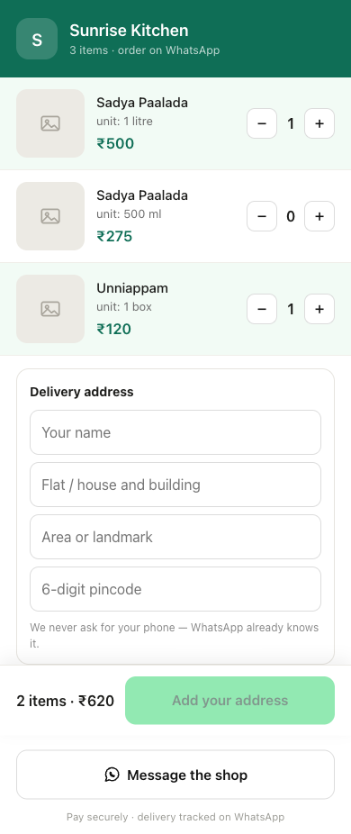 Two dishes now at quantity one and highlighted; the bottom bar reads 2 items, ₹620, next to the order button.