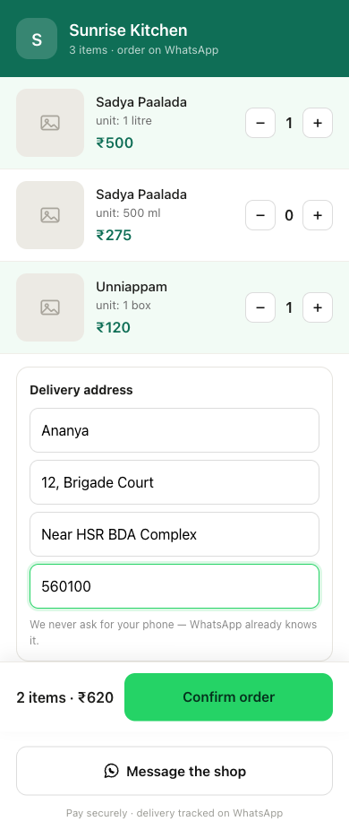 The delivery address form filled in with a name, building, landmark and pincode, above a Confirm order button showing 2 items, ₹620.